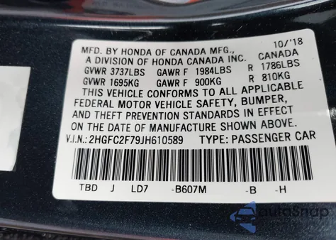 2018 Honda Civic Ex z USA, uszkodzony, nr VIN 2HGFC2F79JH610589